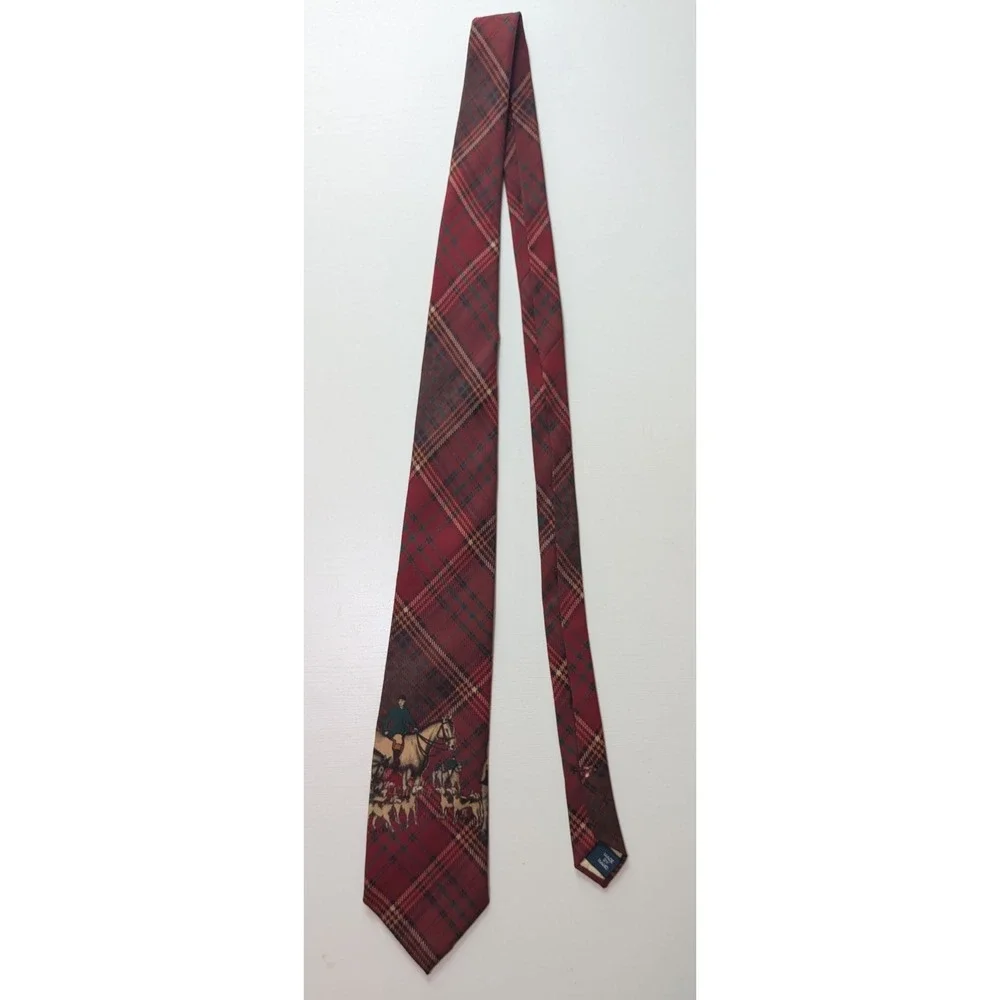Polo Ralph Lauren Red Plaid Wool Fox Hunt Equestrian Horse Tie Made in USA